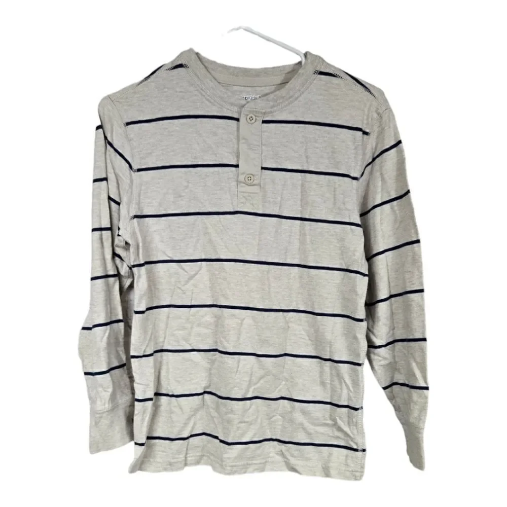 GAP Kids XL/12 Boys Oatmeal Stripe Long Sleeve Henley T-Shirt Casual Cotton Tee
